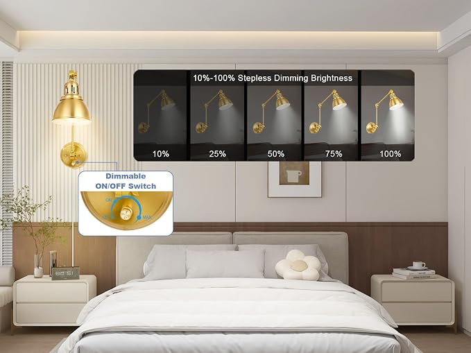 1 Pack Plug in Wall Sconce, Dimmable On Off Switch, Swing Arm Wall Lamp, Gold Metal Industrial, Plug in Wall Light (Gold, Without Bulb+Remote)
