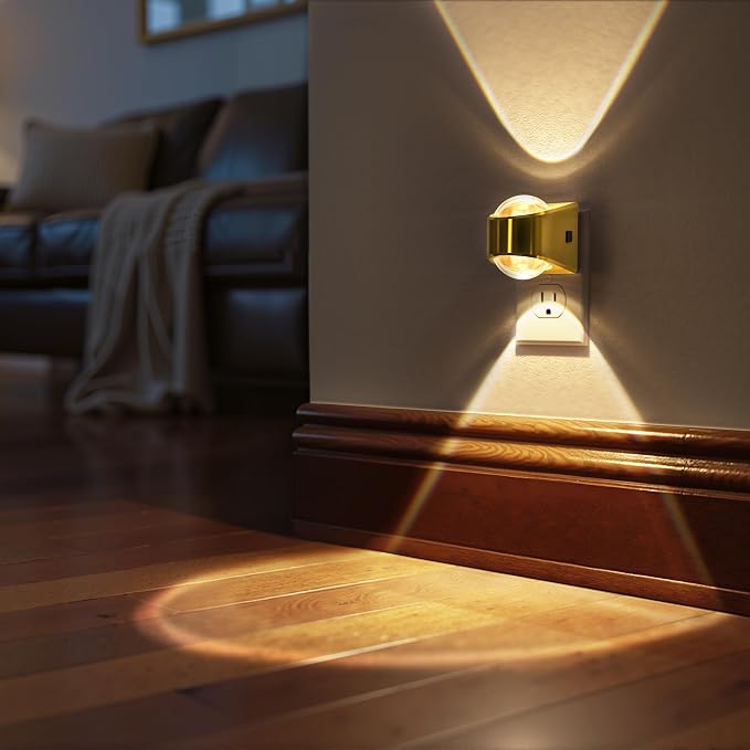 Projector Night Light, Rotating Gold Night Lights Plug into Wall | Dimmable, Soft White 3000K, Dusk to Dawn Nightlight for Kids, Bedroom, Nursery, Bathroom, Home Decor, Gaming Room, 2 Pack