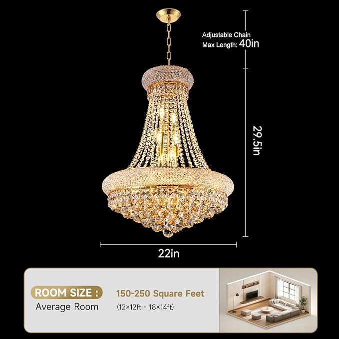 22" W 12-Light Luxury Entrance Chandelier with Unique Empire K9 Crystal Design for High Ceilings, Perfect for Living Rooms and Entryways (Gold)