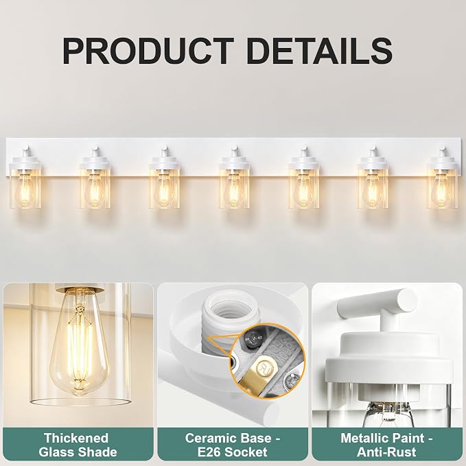 IZORRO Bathroom Vanity Light Fixture, 7-Light 52 inch White Bathroom Light Fixtures Over Mirror, with Clear Glass Shade, Modern Farmhouse Vanity Lights, Rustic Restroom Lighting Fixtures
