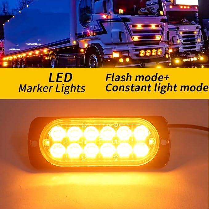 4-Pack Aluminum LED Strobe Lights– Amber/White Dual-Color Warning Lights | 12 LEDs Per Light, 18 Flash & Steady Modes, IP65 Waterproof, Emergency Flashing Construction Caution Lights for Truck Car ATV