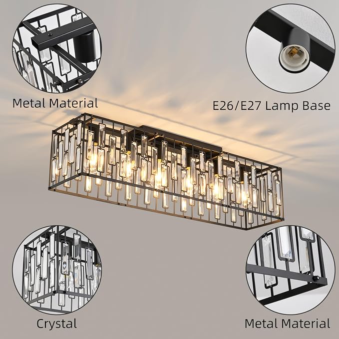 Garwarm 6-Light Crystal Flush Mount Ceiling Light, 38.7" Black Rectangle | Crystal Modern Chandelier Rectangular Dining Room Light Fixture for Low Ceiling, Kitchen Island, Living Room, Foyer, Entryway