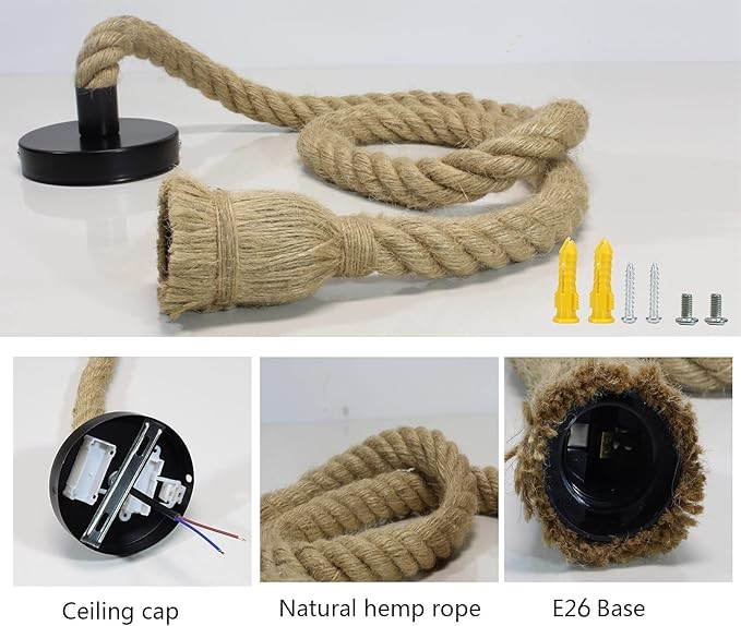 2 Pack Hemp Rope Pendant Light Kit - 3.7ft Vintage Farmhouse Hanging Cord with E26/E27 Socket, Adjustable Single Head Ceiling Light for Kitchen Island, Cafe, Bar, Tea House & Industrial Decor