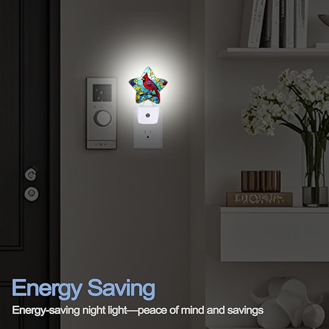 Cardinal Bird Night Light,Christmas Stained Glass Plug-in Star Night Lights with Dusk-to-Dawn Sensor for Bedroom,Bathroom,Living Room Sleep Friendly Lamp for Women Girls Boys Gift,0.5W