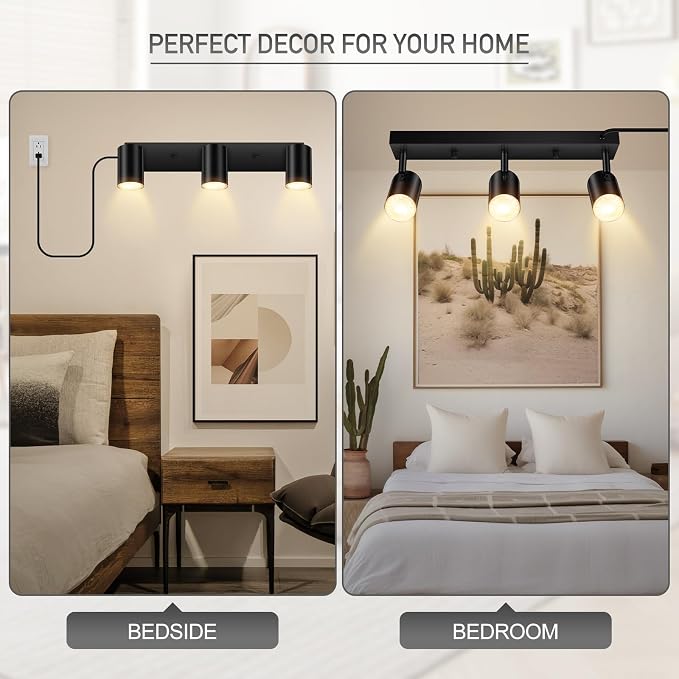 LED Track Lighting Ceiling Fixtures, Black 3-Light Plug in Track Lights for Kitchen, 3 Way Ceiling Spotlight, 15 FT Cord,Flexibly Rotatable Wall Mount Light Head for Bedroom Hallway