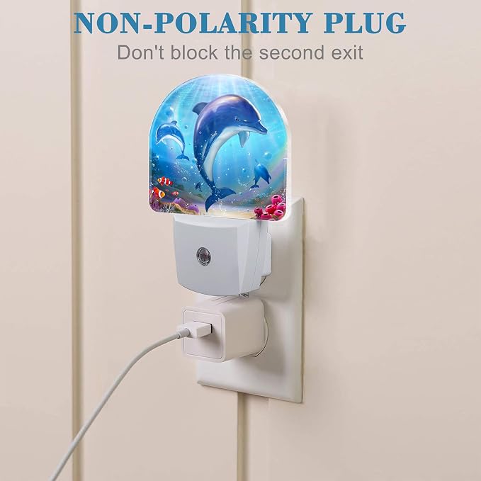 Night Light for Kids Girls Boys, Cute Dolphins in Tropical Sea LED Night Light Plug into Wall with Dusk to Dawn Sensor for Room Decor, Hallway, Kitchen, Bathroom, Nursery, Stairs