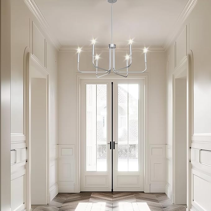 DORESshop Modern Chandelier for Dining Room, 6-Light 28" Chrome Farmhouse Chandelier for Dining Room, Dining Light Fixtures Over Table for Bedroom Hall Kitchen Living Room