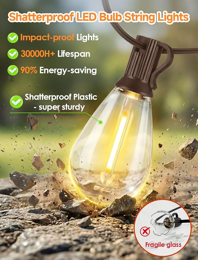 25FT LED Outdoor Patio String Lights, 10+1 Edison S11 Bulbs, Brown | Plug in, Dimmer not included, Dimmable, Waterproof, Shatterproof, Connectable Hanging Lights for Cafe Party Fence Decor