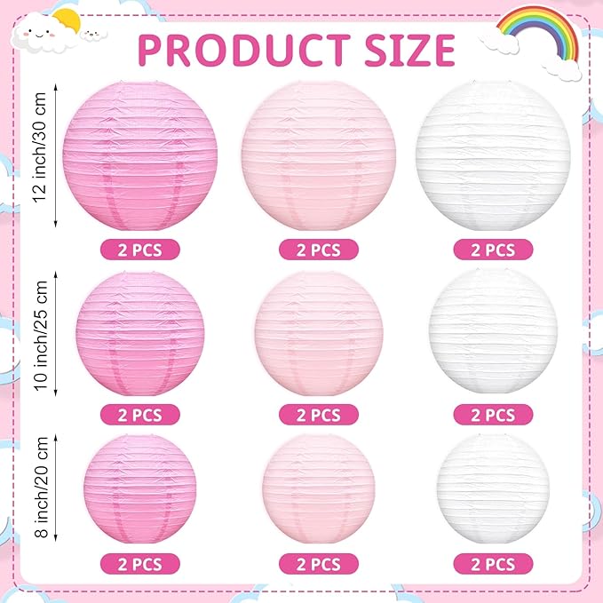Paper Lanterns Celehappy Hanging Round Pink and White Paper Lanterns Decorative 8” 10”12" Chinese Lanterns for Birthday Wedding Party Decoration Baby Showers Valentine Indoor Outdoor 18pcs