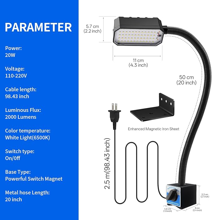 Magnetic Work Light, 2000 Lumen Magnetic Light with Strong Magnetic Base, Workshop Tool Light for Lathe, Sewing, Garage Workbench, Woodworking Shop and Bandsaw, 98-inch Extended Cord, Black