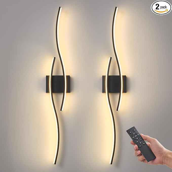 Battery Operated Wall Sconce Set of 2, Dimmable Modern LED Wireless Wall Light with Remote Control, Sconce Wall Decor for Living Room, Hallway, Quick Install, No Electrician Required