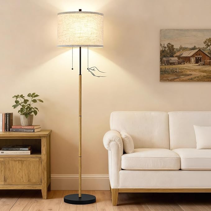 Luvkczc Floor Lamp, 62" Standing Lamp Tall Lamp with Fabric Lampshade&Pull Chain Corner Floor Lamps for Living Room, Bedroom,Office Corner (Wood Grain 2 Bulb Socket)