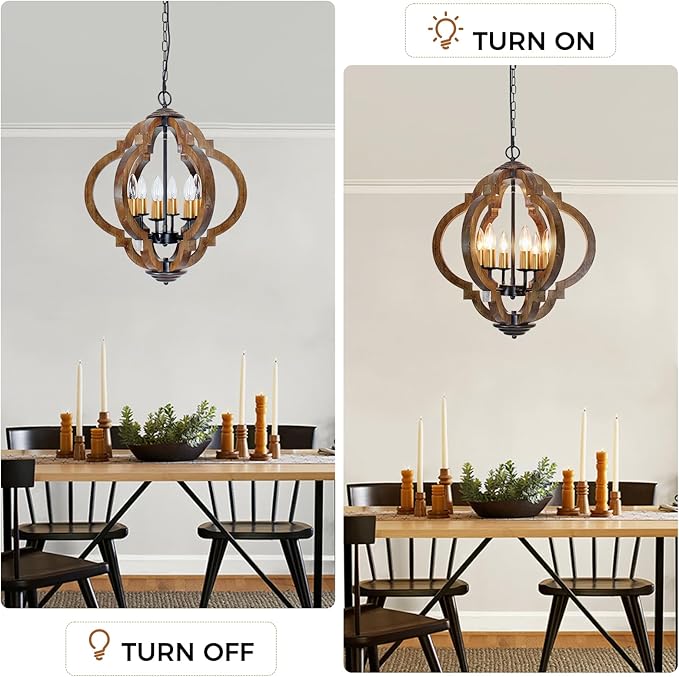 6-Light Farmhouse Chandelier, Rustic Wood Dining Room Light Fixture with Dark Brown Wood & Gold Metal, Easy to Install for Kitchen, Entryway, Bedroom, Living Room