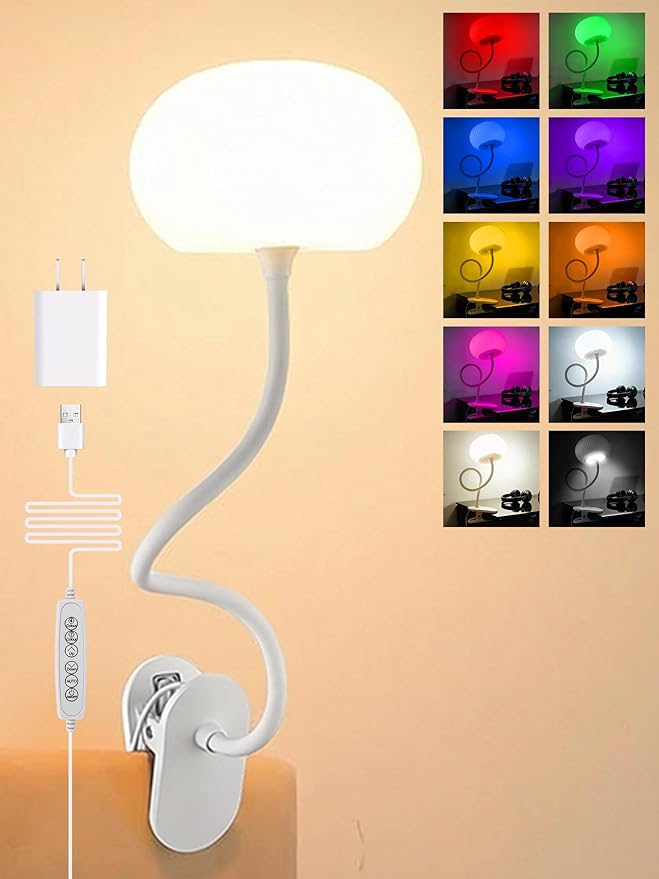 Clip on Light,10 RGB Colors & Warm White Desk Lamp with Clamp,10 Brightness Level Reading Light,Bedside Lamps,USB Adapter Clip on Lamp Suitable for Bedroom/Headboard/Bed/Bedside