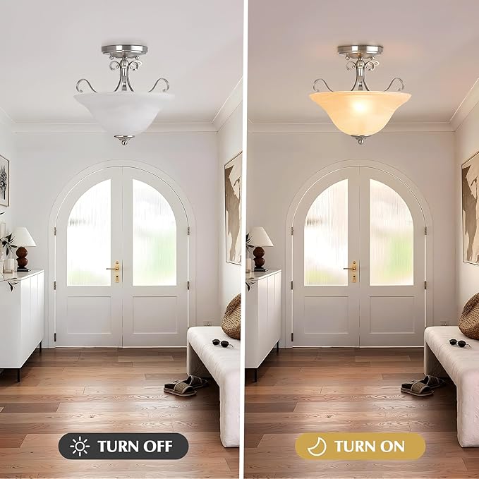 Luvkczc 12" Semi Flush Mount Ceiling Light, Brushed Nickel Ceiling Light Fixture, Mid Century Ceiling Light, Modern Glass Close to Ceiling Light for Bedroom Kitchen Porch Hallway, Bulbs Not Included