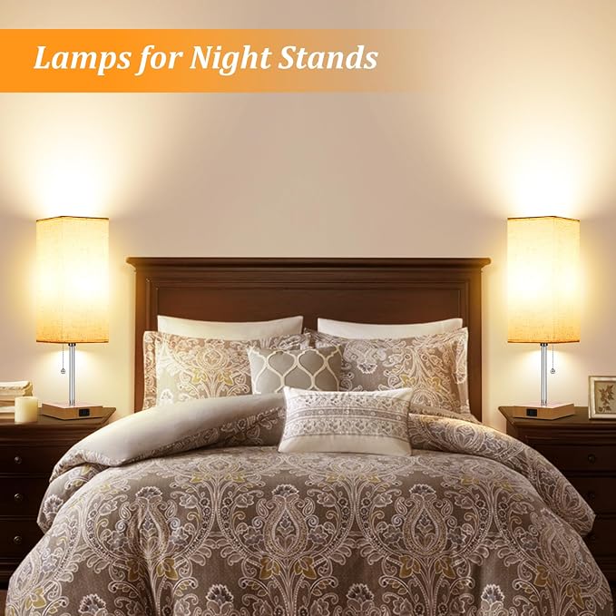 18'' Table Lamp for Bedroom set of 2,3-Color Bedside Lamps with Pull Chain | Table Lamps for Nightstand with AC Outlets,Night Light Lamps with 2 Bulbs Lamps for Living Room Kids Room Office Decor（Wood）