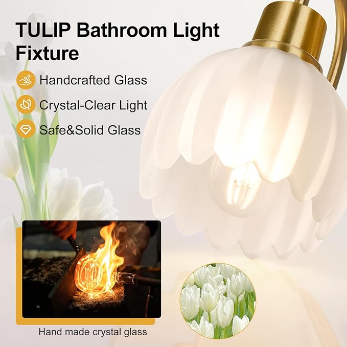 2-Light Bathroom Vanity Light, Brushed Gold Bathroom Light Fixtures with Ribbed Frosted Clear Tulip Glass Shades, Vanity Light Fixtures Over Mirror for Bedroom, Living Room, Hallway