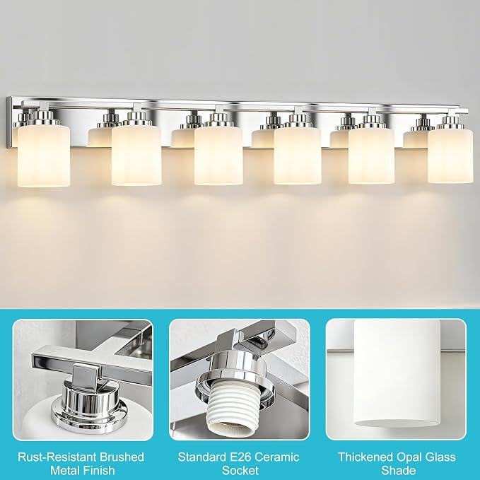 Modern Bathroom Lighting Fixtures Over Mirror, Vanity Lights for Bathroom, Wall Sconces with Milky White Glass Shades, E26 Ceramic Socket, 6-Light 43-inch Chrome