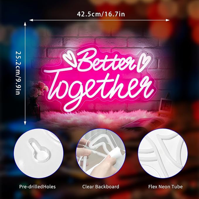 Neon Sign, Neon Signs for Wall Decor LED Signs Neon Light | Better Together Neon Sign, Pink LED Signs for Bedroom, Wedding, Valentine's Day, Business, Pink Decor, Gift, USB Powered