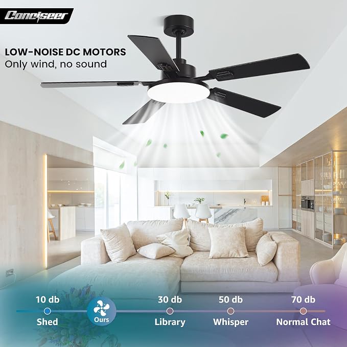 Conciseer 52 Inch Ceiling Fans with Lights and Remote for Bedroom Living Room Kitchen Office, Indoor/Outdoor Use, 6CCT Dimmable, 5 Blades, 6 Speed Reversible Quiet DC Motor, Black/Wood Grain