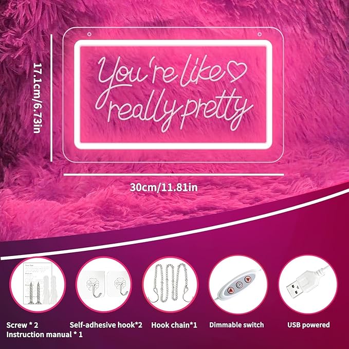 You’re Like Really Pretty Neon Sign – Pink LED Neon Light Wall Decor, 3D Art Carving, Dimmable USB Powered Night Light for Bedroom, Aesthetic Wall Decor, Christmas & Birthday Gift