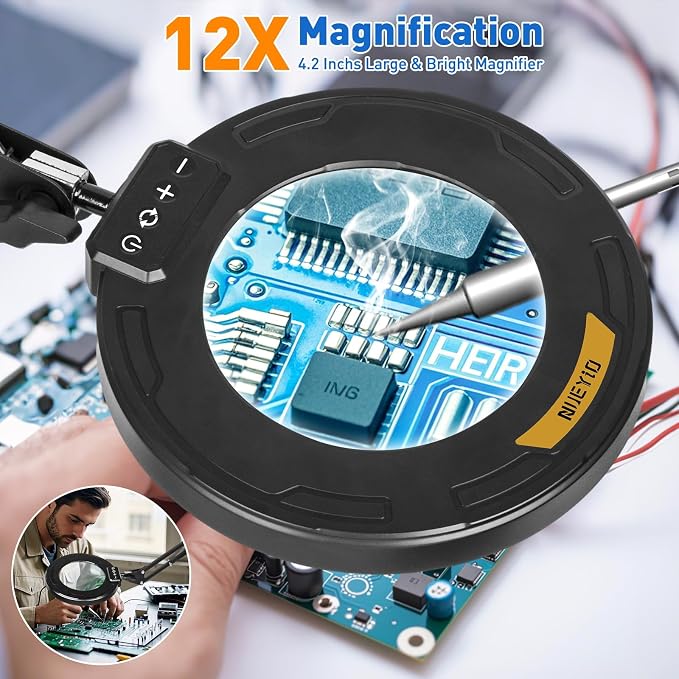 Ultra Long 3-Section Swing Arm 12X Magnifying Glass with Light-Black | 4-Way Large Metal Clamp, 5 Color Modes LED, 35.2Inch Lighted Magnifier Lamp for Workbench Crafting Hobby Soldering Sewing