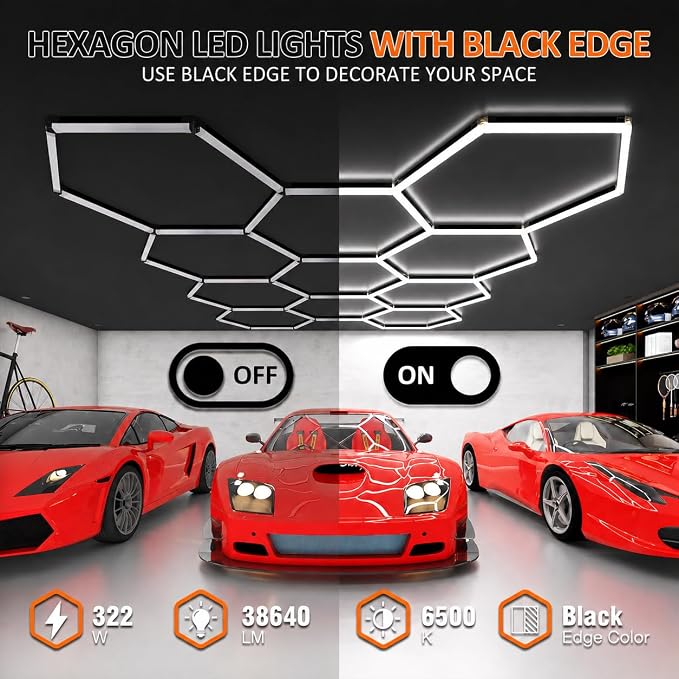 Black Hexagon Garage Lights 11 Hex, 6500K 38640 LM Super Bright Honeycomb LED Garage Ceiling Lights, Premium Car Detailing Lighting for Garage, Workshop, Gym, Barber Shop, Basement