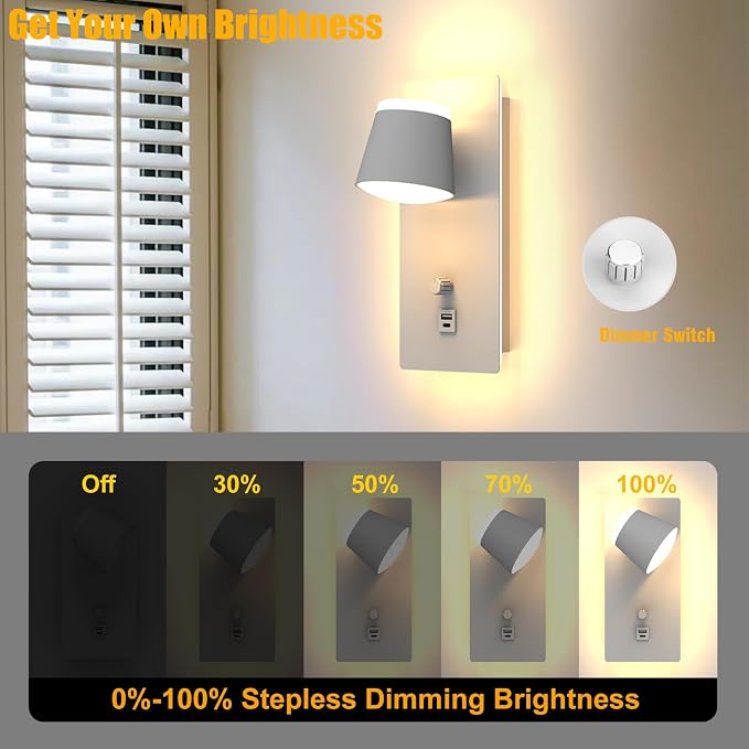 Plug in LED Wall Sconce Set of Two,Dimmable Bedside Wall Light with Dimmer and USB&C Ports,5CCT（3000K-6000K） LED Wall Mounted Lighting for Bedroom,Stairway,Basement,Cafe,Home Decor(2 Packs)
