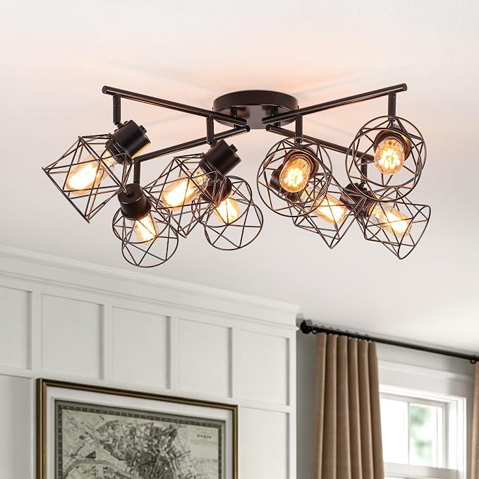 BUXVRCS 8 Lights Black Adjustable Multi-Directional Kitchen Light Fixtures | Track Lighting Fixtures, Metal Cage, Modern Minimalist Style, Spotlight Fixtures for Dining Room, E26 Socket