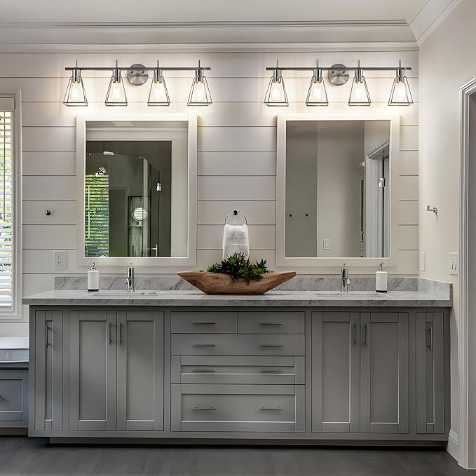 Industrial Bathroom Vanity Lights: 4-Light Silver Brushed Nickel Vintage Metal Cage Wall Sconce - Rustic Farmhouse Light Fixture Over Mirrors Cabinet for Bath Hallway