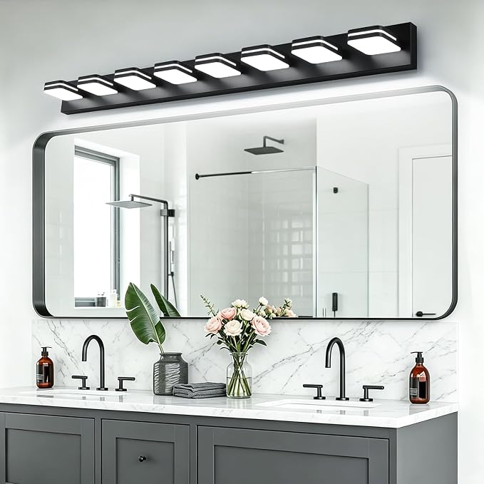 Torondo 360° Rotate LED Bathroom Vanity Light Fixtures, Acrylic Vanity Lights for Bathroom, Modern Wall Lighting Fixtures Over Mirror Living, Matte Black, Natural White, 8-Light, 53-Inch