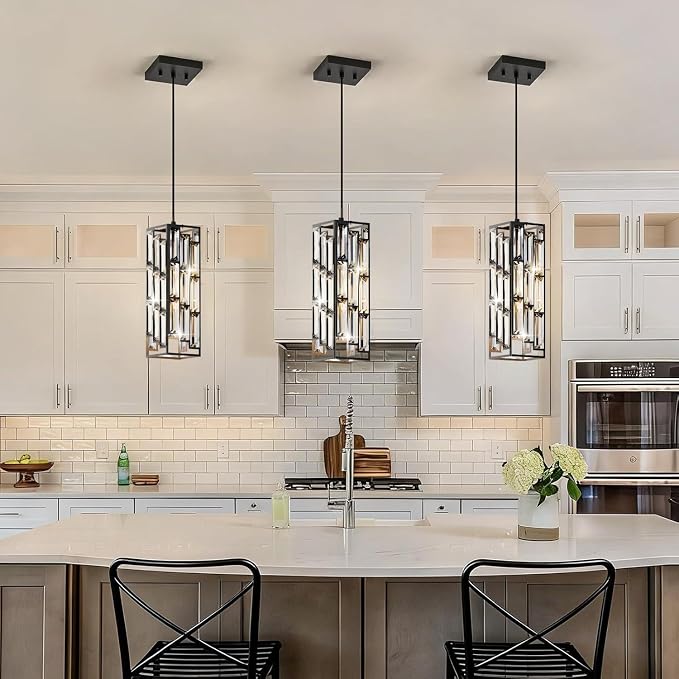 Black Pendant Lights, Modern Pendant Light Kitchen Island, 2 Pack Mini Crystal Chandeliers for Dining Room Bedroom Foyer Hallway