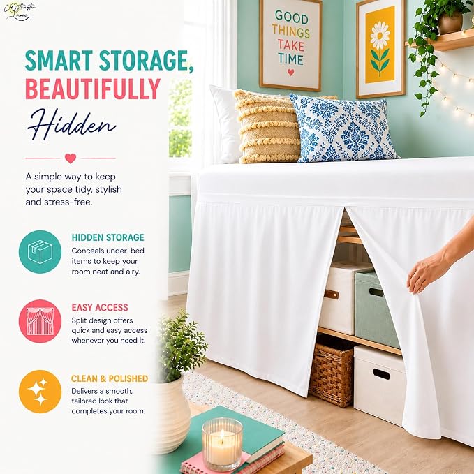 Cottington Lane Tailored Box Pleated College Dorm Bed Skirt Twin XL, Hotel Quality Premium Brushed Microfiber Extra Long Bedskirt Twin XL 25 Inch Drop, White Dorm Bedding