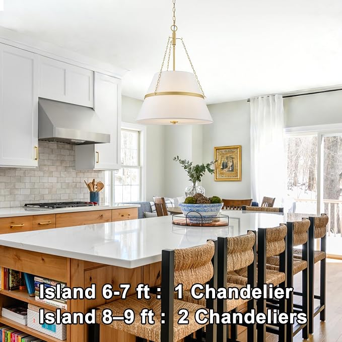20" Gold Drum Chandelier for Dining Room, White Linen Shade Pendant Light | Modern Transitional, Large Fabric Drum Design, 4-Light, 3 Side Chains, for Kitchen Island,Adjustable Height,19.69"W × 26.38"H