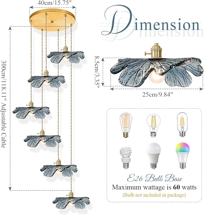 Foyer Chandelier for High Ceilings long Blue Floral pendant light Mid Century Glass Hanging Ceiling light Brushed Gold Flush Mount Ceiling Chandeliers for Staircase Entryway Living, Adjustable Height