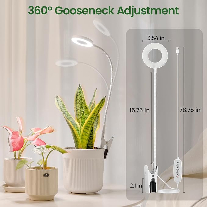 LORDEM Grow Lights for Indoor Plants, 2 in 1 Full Spectrum Plant Light with 360° Gooseneck, 48 LEDs, Auto Timer 6/8/12/16H, 3 Lighting Modes,5 Brightness Levels for Small Plants, 3 Pack White