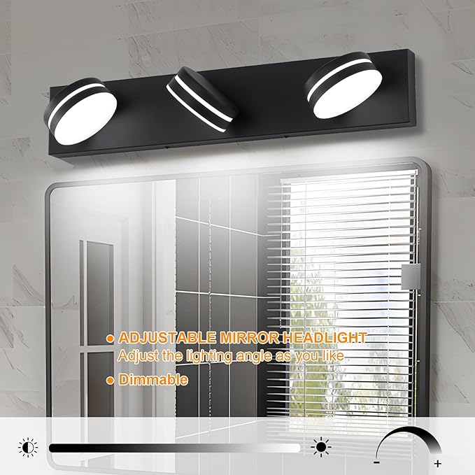 3-Light Bathroom Vanity Light Over Mirror, (24inch Dimmable) Matte Black LED Vanity Lighting Fixtures, Modern Bathroom Wall Light Fixtures with 360°Rotating Head (Cool White 5500K)