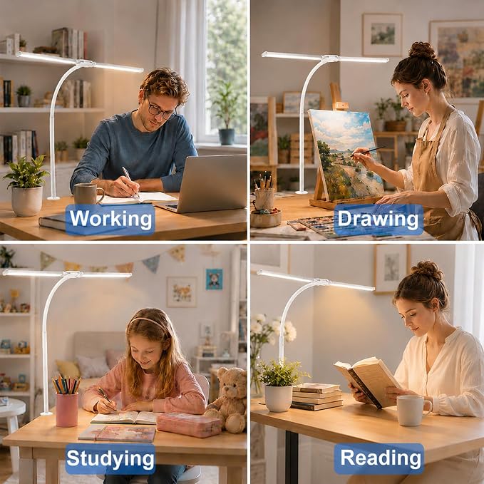 Desk Lamps for Home Office, Computer Light Bar, Double Head, White | Eye-Care Architect Light with Clamp, 3 Color Modes 10 Brightness, Adjustable for Reading, Study, Workbench