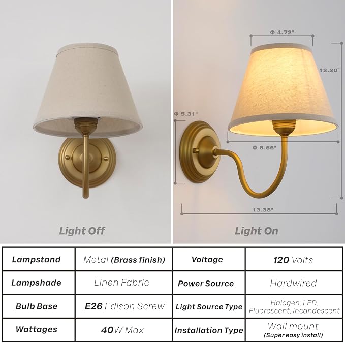 Vintage Curved Arm Fabric Wall Sconce with Linen Cloth Shade, Hardwired Indoor Single Sconce Light Wall Mounted Lamp for Bedroom Living Room Stairs Hallway