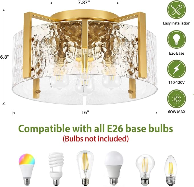 16'' Gold Semi Flush Mount Ceiling Light, 4-Light Glass Drum Light Fixtures | Modern Ceiling Lights for Hallway Entryway Bedroom Bathroom Kitchen Canteen Laundry Room Lighting Fixture Bulbs not Included