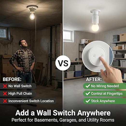 LoraTap Remote Control Light Socket, Wireless Light Switch for Pull Chain & Bare Fixtures, Wall Mount, 100ft Range for Closet, Basement & Garage, E26 E27 Adapter, No Wiring