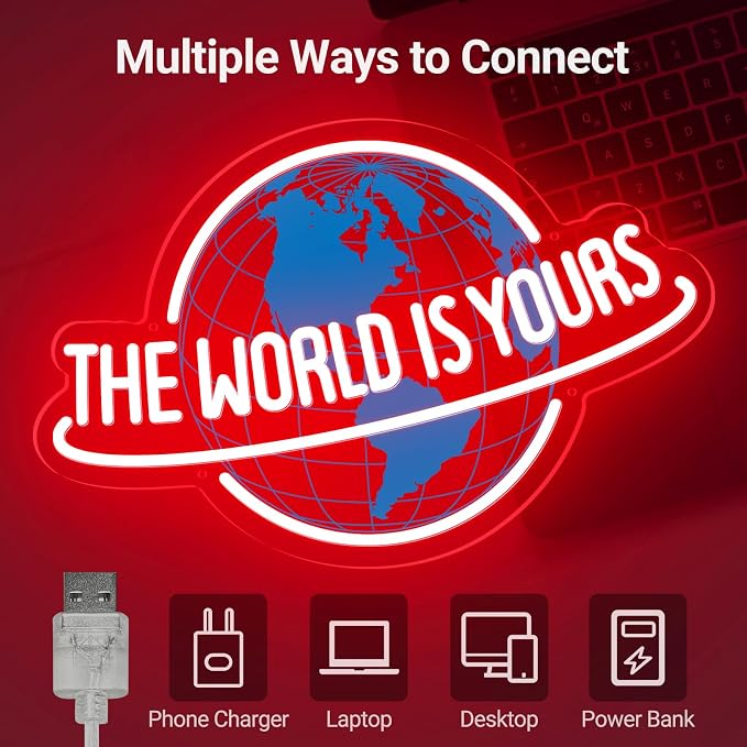 The World Is Yours Neon Sign, Dimmable Planet LED Neon Light Lamp for Wall Decor, USB Power for Man Cave Home Bar Bistro Club Cafe Wedding Game Room Bedroom Birthday Gift Graduation Party (Red)