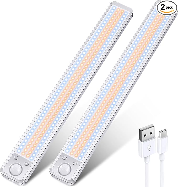Under Cabinet Lights Rechargeable Under Counter Lights for Kitchen, 188 LED Closet Light Motion Sensor Light Indoor, Dimmable Magnetic Under Cabinet Lighting, 2-Pack