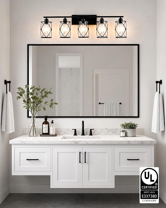 5-Light Matte Black Bathroom Light Fixtures Over Mirror, 38" UL-Listed Modern Wall Sconce Lights with Clear Glass and Metal Cage for Bath, Hardwire E26, CH9176BK-5W