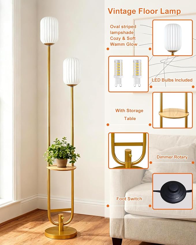 Lightdot 63IN Gold Dimmable Floor Lamp with Table, Mid Century Modern Tall Standing Lamps with 3000K Bulbs Included, Unique Vintage Floor Lamp for Living Room/Bedroom/Sofa Beside/Corner Decor