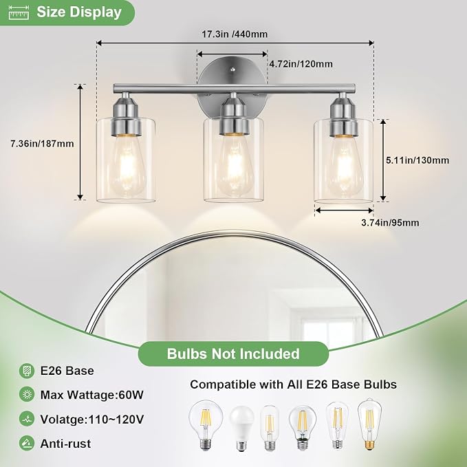 3-Light Bathroom Vanity Light Fixture,Silver,17.3" | Modern Wall Lamp for Mirror, Clear Glass Shade