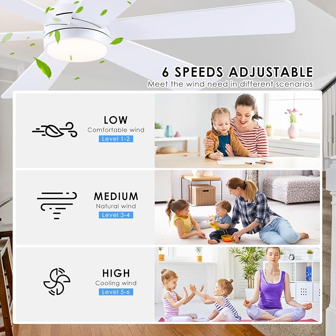 Asyko 46"White 6-Blade Modern Low Profile Ceiling Fan with Light and Remote | 6 Double-Sided Blades,6 Wind Speeds, Reversible,Dimmable 3 CCT LED Light, 25W Quiet DC Motor,1/2H Timer,for Bedroom Kitchen
