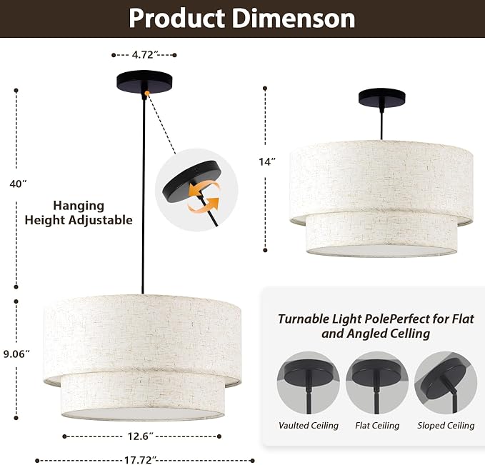Drum Pendant Light, 18” Drum Light Fixture with Linen Shade | 3-Light Linen Chandeliers for Dining Room, Bedroom, Dual Layer Fabric Shade, Adjustable Height