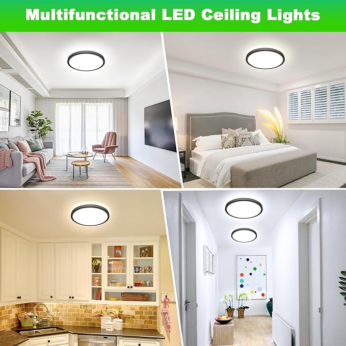 4-Pack LED Flush Mount Ceiling Light Fixture, 12In 24W, 3200LM, Super Slim 0.86 Inch, Dimmable & 2700K-6500K 5 Color Selectable LED Ceiling Lights for Bedroom, Kitchen, Laundry and Closet Room, Black