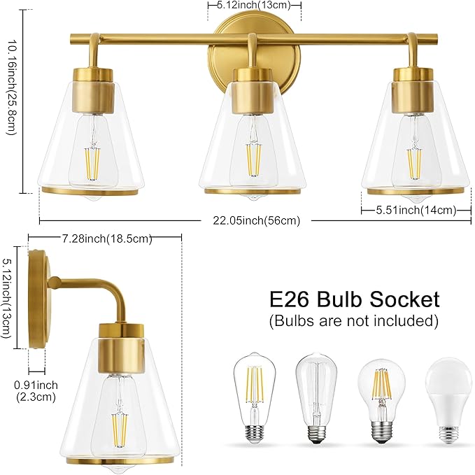 Gold Vanity Light - Bathroom Light Fixtures Over Mirror, 3 Lights Fixture, Clear Glass Shade, 22 inch Modern Wall Sconce for Bathroom, Bedroom